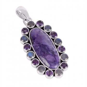 Natural Charoite Labradorite And Amethyst  Gemstone 925 Sterling Silver Pendant| Jewels Artisan