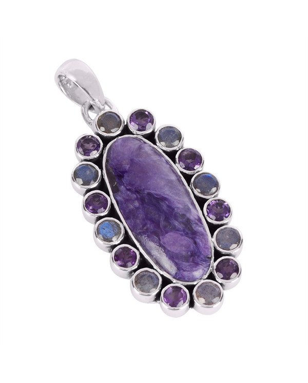 Natural Charoite Labradorite And Amethyst  Gemstone 925 Sterling Silver Pendant| Jewels Artisan