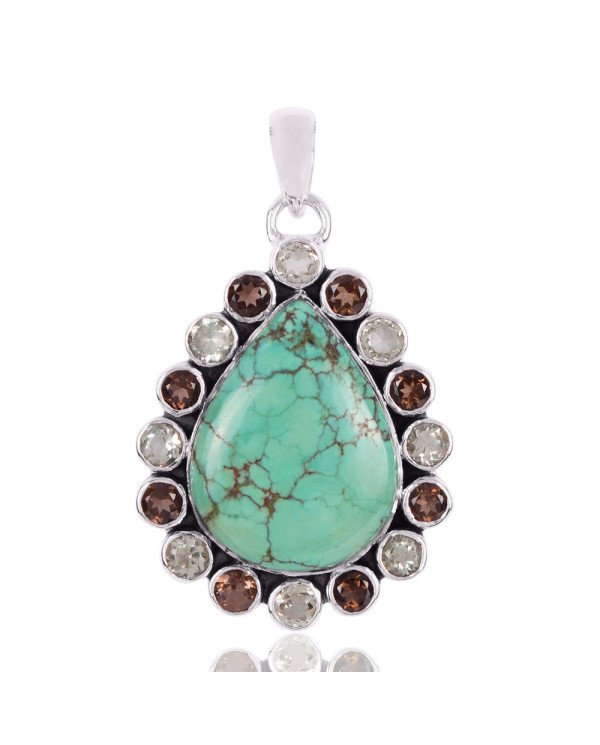 Natural Tibetan Turquoise Smoky Quartz And Green Amethyst Gemstone 925 Sterling Silver Pendant| Jewels Artisan