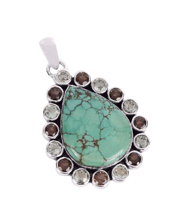Natural Tibetan Turquoise Smoky Quartz And Green Amethyst Gemstone 925 Sterling Silver Pendant| Jewels Artisan