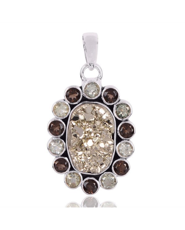 Natural Pyrite Smoky Quartz And Green Amethyst Gemstone 925 Sterling Silver Pendant| Jewels Artisan