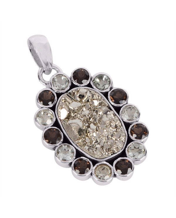 Natural Pyrite Smoky Quartz And Green Amethyst Gemstone 925 Sterling Silver Pendant| Jewels Artisan