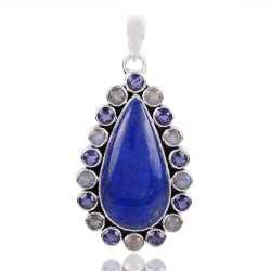 Natural Lapis Labradorite And Iolite Gemstone 925 Sterling Silver Pendant| Jewels Artisan