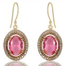 Pink Gemstone and White Cubic Zirconia Gold Plated Fashion Earring| Jewels Artisan