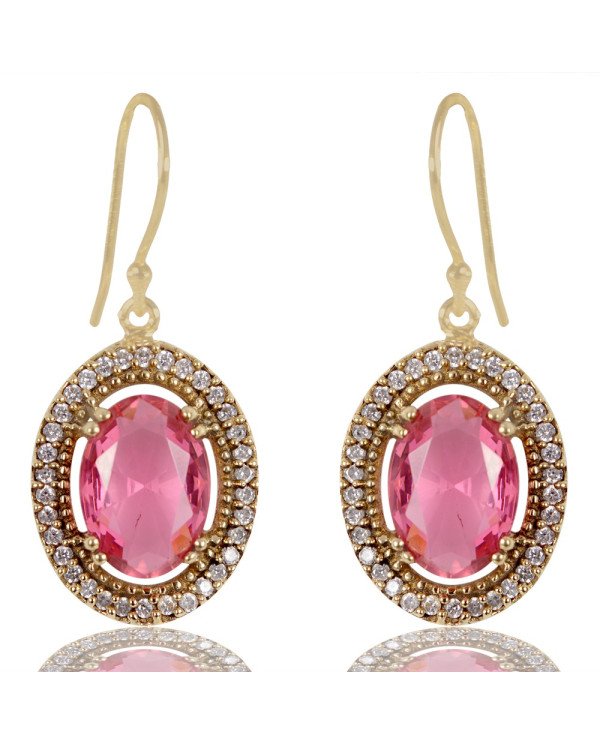 Pink Gemstone and White Cubic Zirconia Gold Plated Fashion Earring| Jewels Artisan