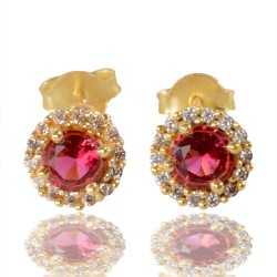 Red Gemstone and White Cubic Zirconia Gold Plated Stud Earring| Jewels Artisan