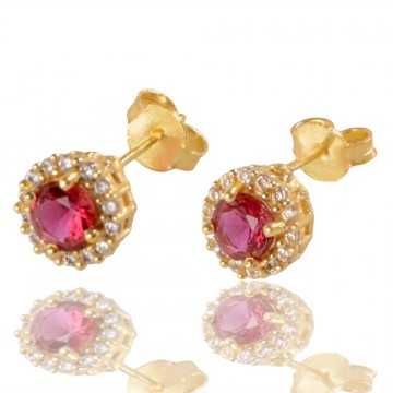 Red Gemstone and White Cubic Zirconia Gold Plated Stud Earring| Jewels Artisan