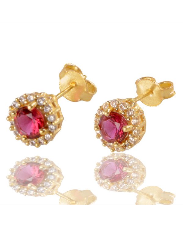 Red Gemstone and White Cubic Zirconia Gold Plated Stud Earring| Jewels Artisan