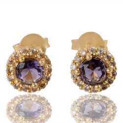 Purple Gemstone and White Cubic Zirconia Gold Plated Stud Earring| Jewels Artisan