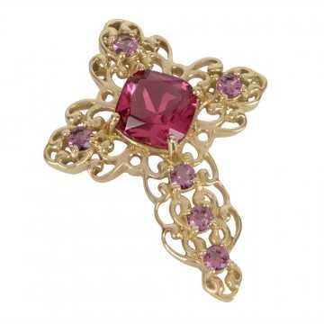 Pink Gemstone Gold Plated Fashionable Cross Pendant| Jewels Artisan