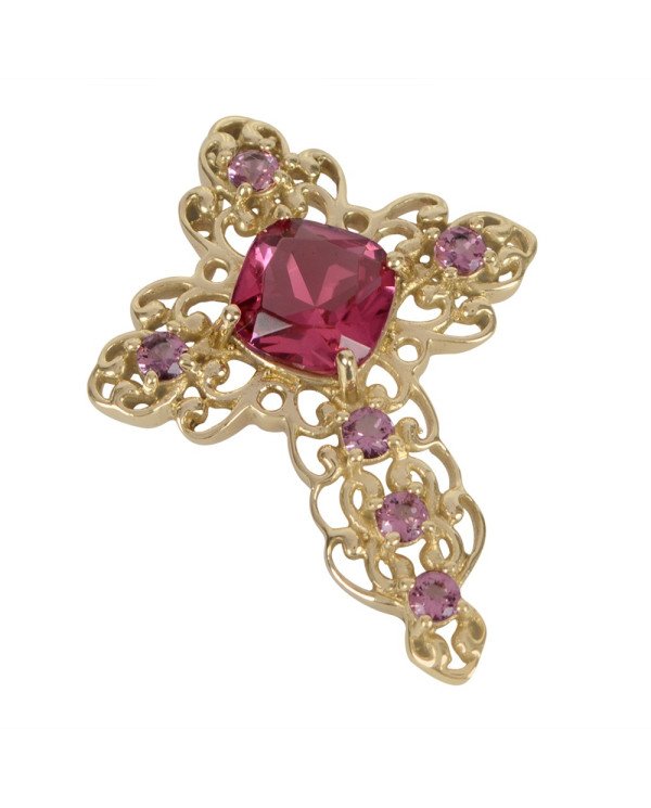 Pink Gemstone Gold Plated Fashionable Cross Pendant| Jewels Artisan